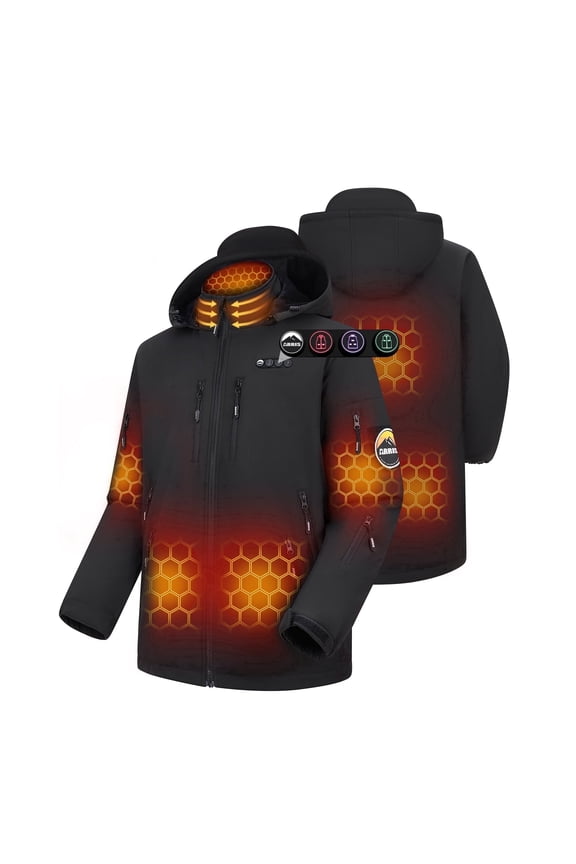 Heated Jacket for Men , Electric Heating Soft Shell Coat with 12V Battery and Detachable Hood - Waterproof, 8 Heating Areas-L