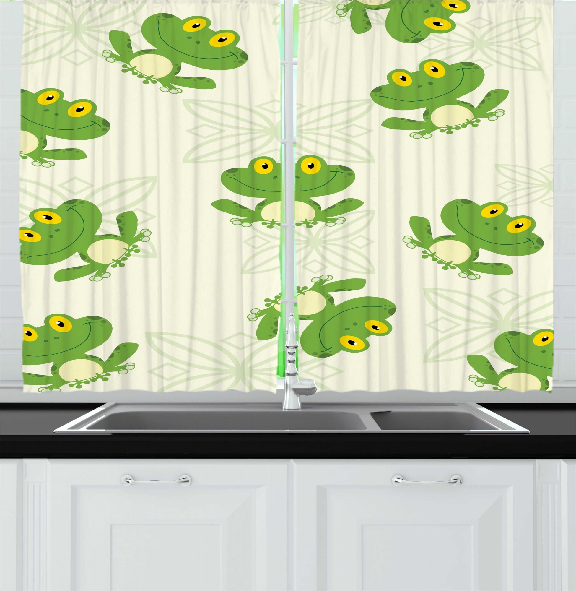 Frogs Kitchen Curtains, Repetitive Joyful Pattern of Smiling Happy