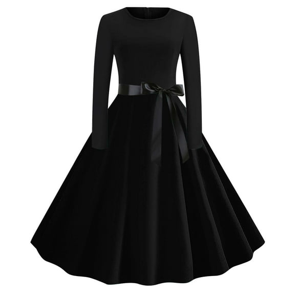 Womens Dresses Spring Winter Printed Lace Up Style Zipper Long Sleeve Round Neck Fashion Dressy Date Night Midi Bump Friendly Dresses for Women Black S-2XL