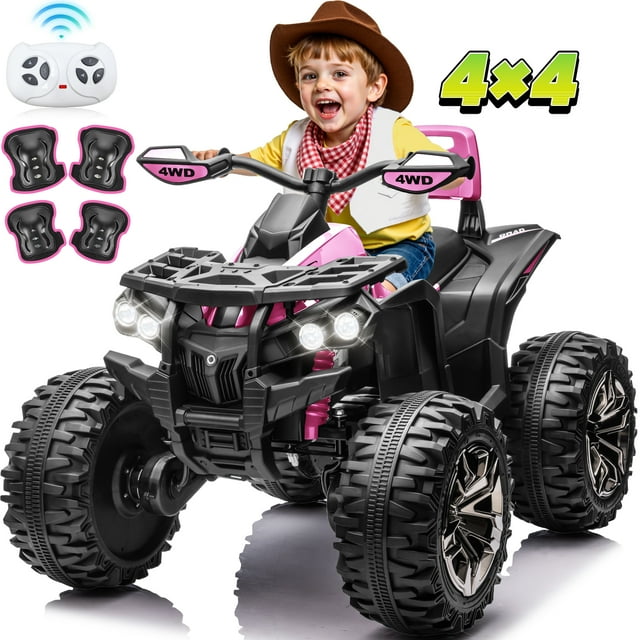 Joyracer 24V Ride ons ATV, 4 Wheeler for Kids, Power Car Wheels with 4x200W Motor, Bluetooth/MP3, Horn, Music, LED for Big Kids Gift, Pink