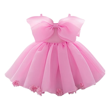 Moocorvic Toddler Performance Dress Sleeveless Pure Color Bow Tulle Gown for Wedding Birthday Party Off Shoulder Formal Outfit