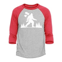 Shop4Ever Men's Big Foot with Heart Balloons Raglan Baseball Shirt Medium Heather Grey/Red