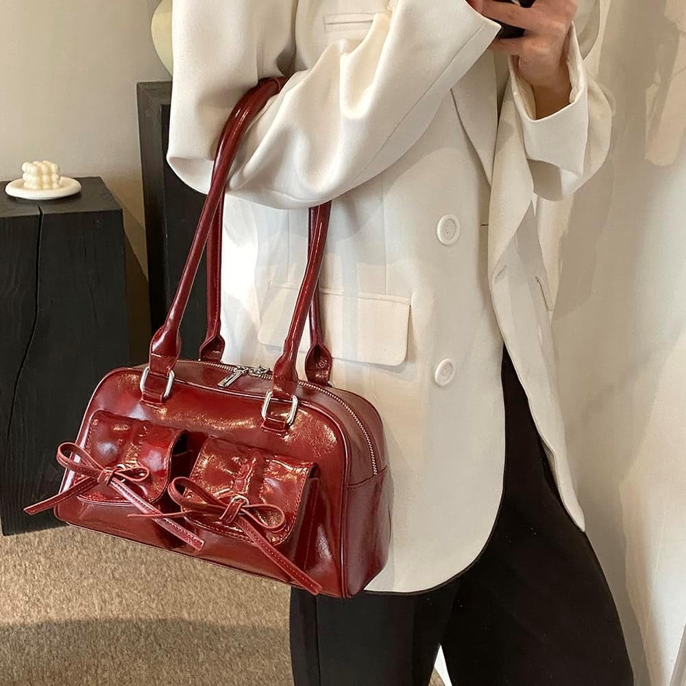 CAILDANL Cute Bow Purse Aesthetic Japanese Shoulder Bag Faux Leather Tote Bag Y2k Red Handbag Purse