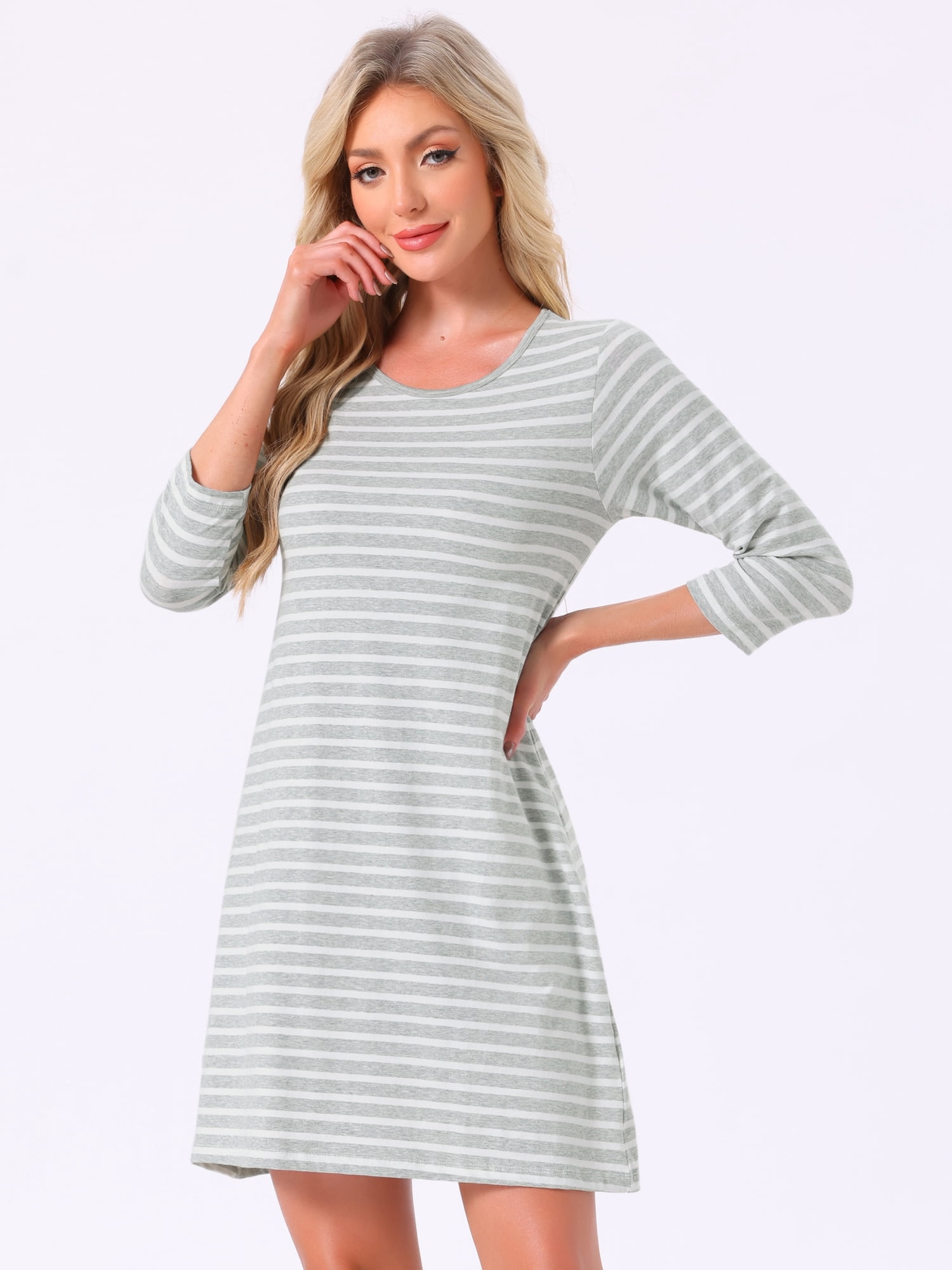DARING DIVA Women's Cotton Stripe 3/4 Sleeve Round Neck Midi Sleepdress S Gray