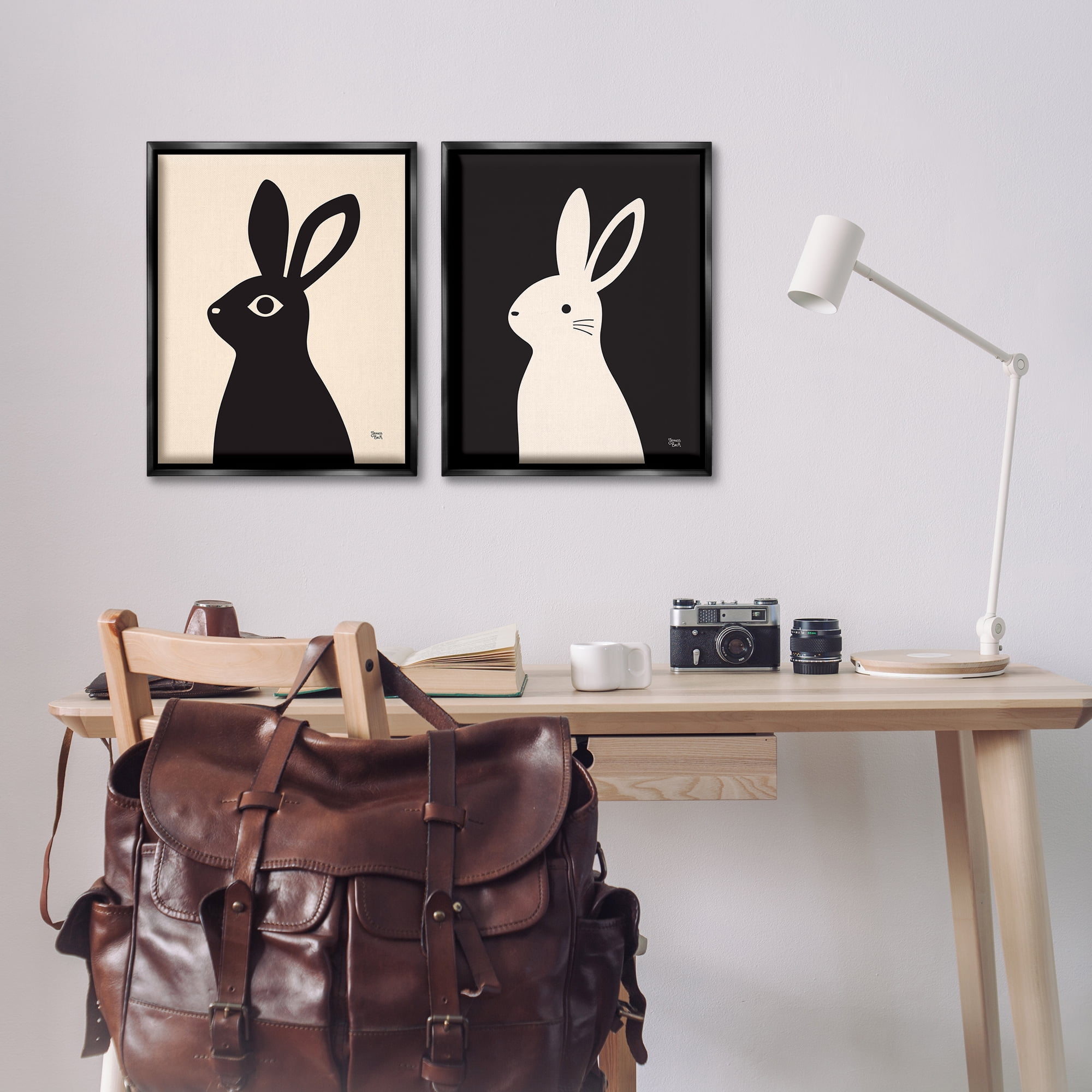 Stupell Industries Cream & Black Rabbits Animals Painting Black Floater Framed Canvas Art Print Wall Art, 17 x 21, Set of 2
