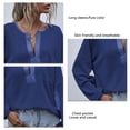 thumbnail image 3 of Blusa de manga larga para mujer, holgada, informal, elegante, camisa de color puro, jersey con bolsillo para el trabajo diario, azul marino L, 3 of 4