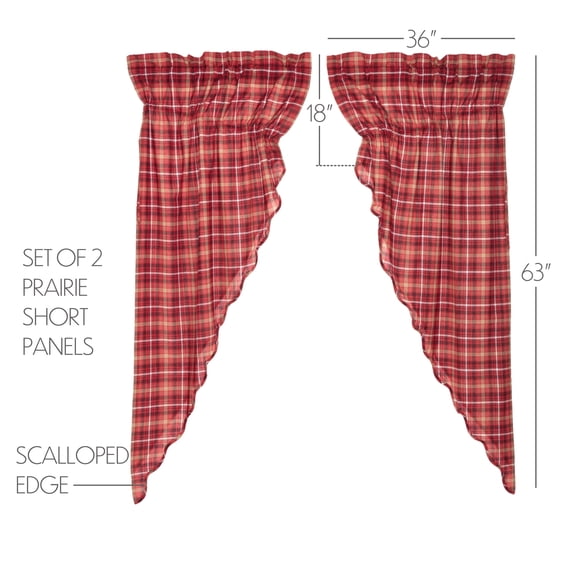 VHC Brands Braxton Window Curtains, Scalloped Prairie Short Panel Set of 2, Red, 63x36x18