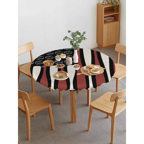 Independence Day Round Fitted Tablecloth with Elastic Edge, Watercolor U. S. Flag Themed Baseball Sport Waterproof Stretch Table Covers for 36"-44" Tables Wipeable Table Cloth for Outdoor