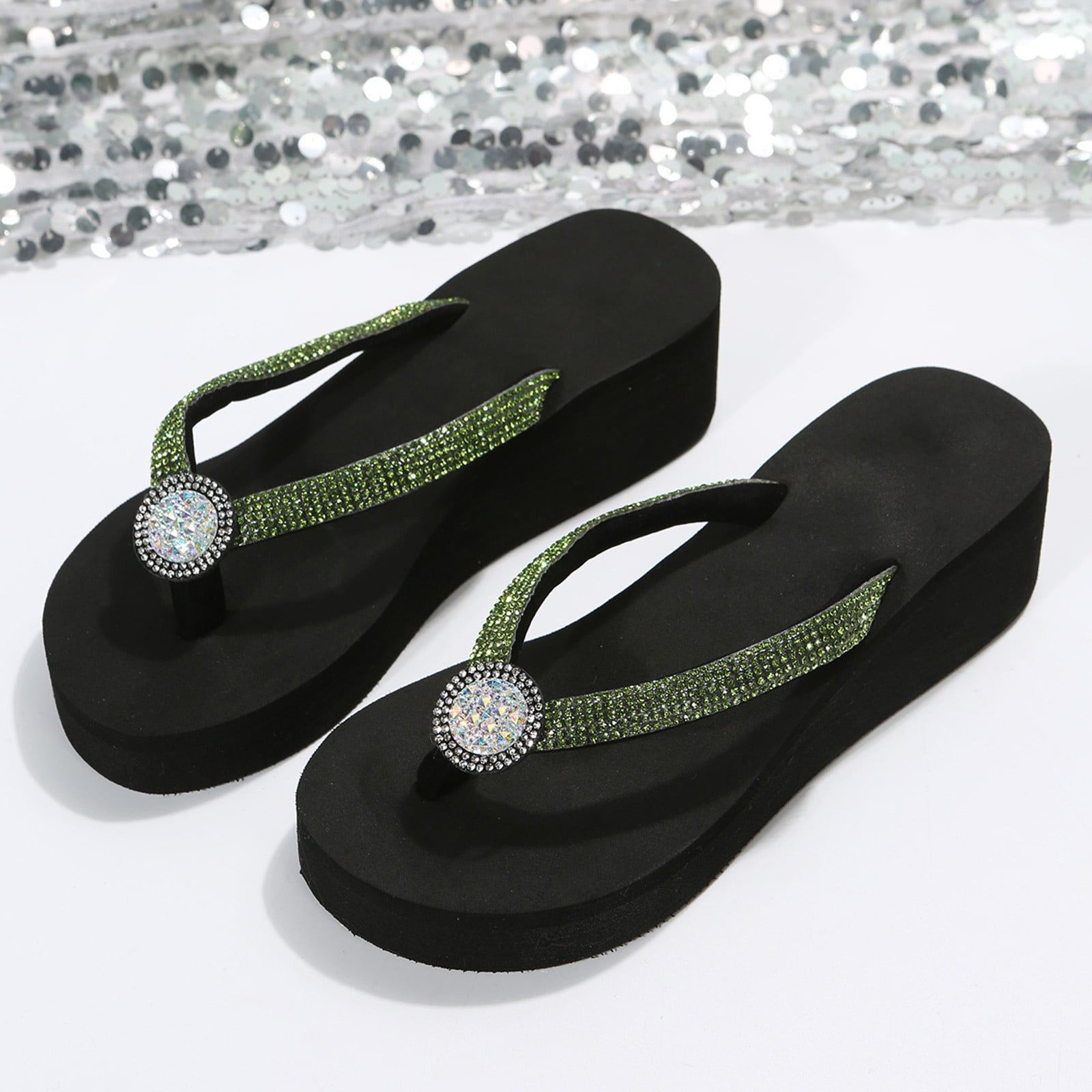 B91xZ Wide Flip Flops for Women Bronzing Printing Satin Sandals