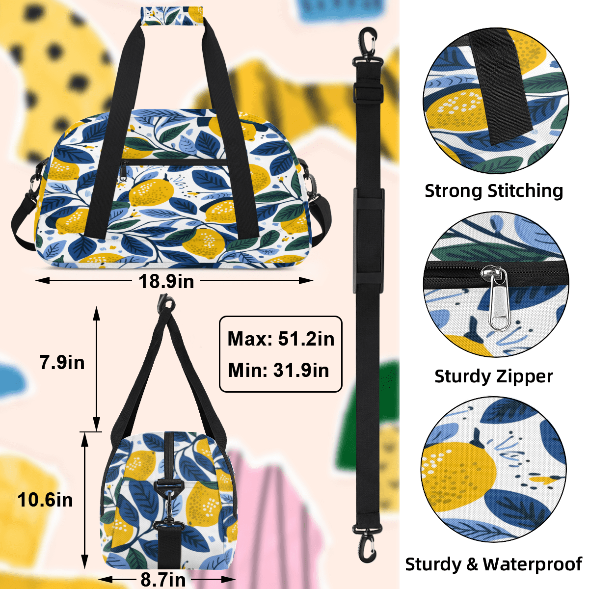 Herdesigns Lemon Sports Duffle Bag for Women & Men, Lemon Gym Bag Dance Bag Overnight Bag Carry On Weekender Travel Bag