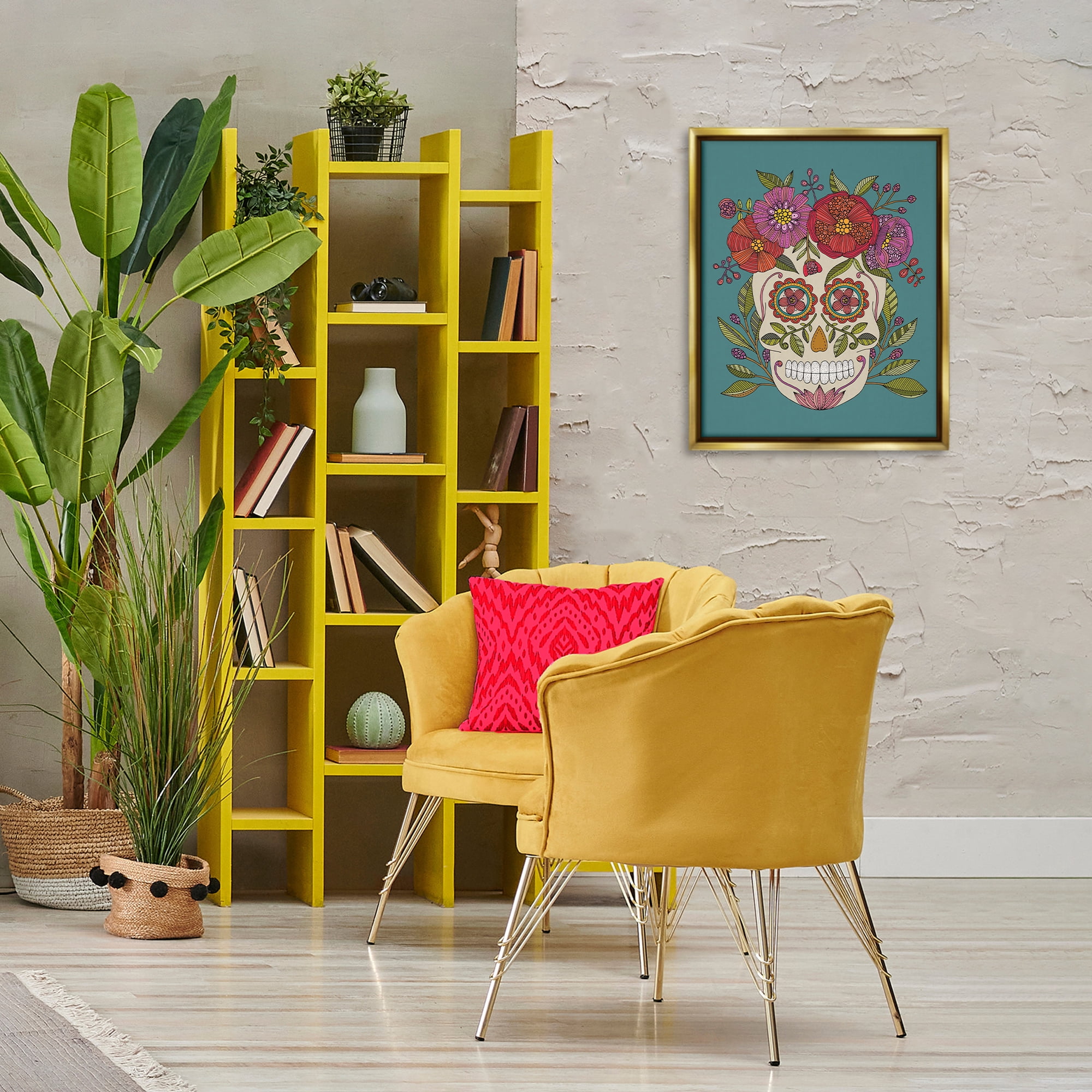 Stupell Industries Floral Sugar Skull Holiday Painting Gold Floater Framed Art Print Wall Art, 17 x 21