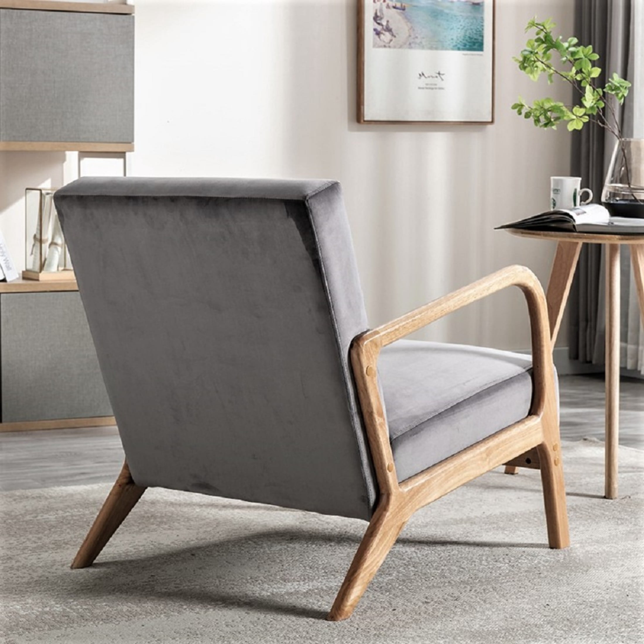 GDF Studio 32.7" Mid-Century Modern Accent Chair with Open Wood Frame, Plush Velvet Upholstery, Gray