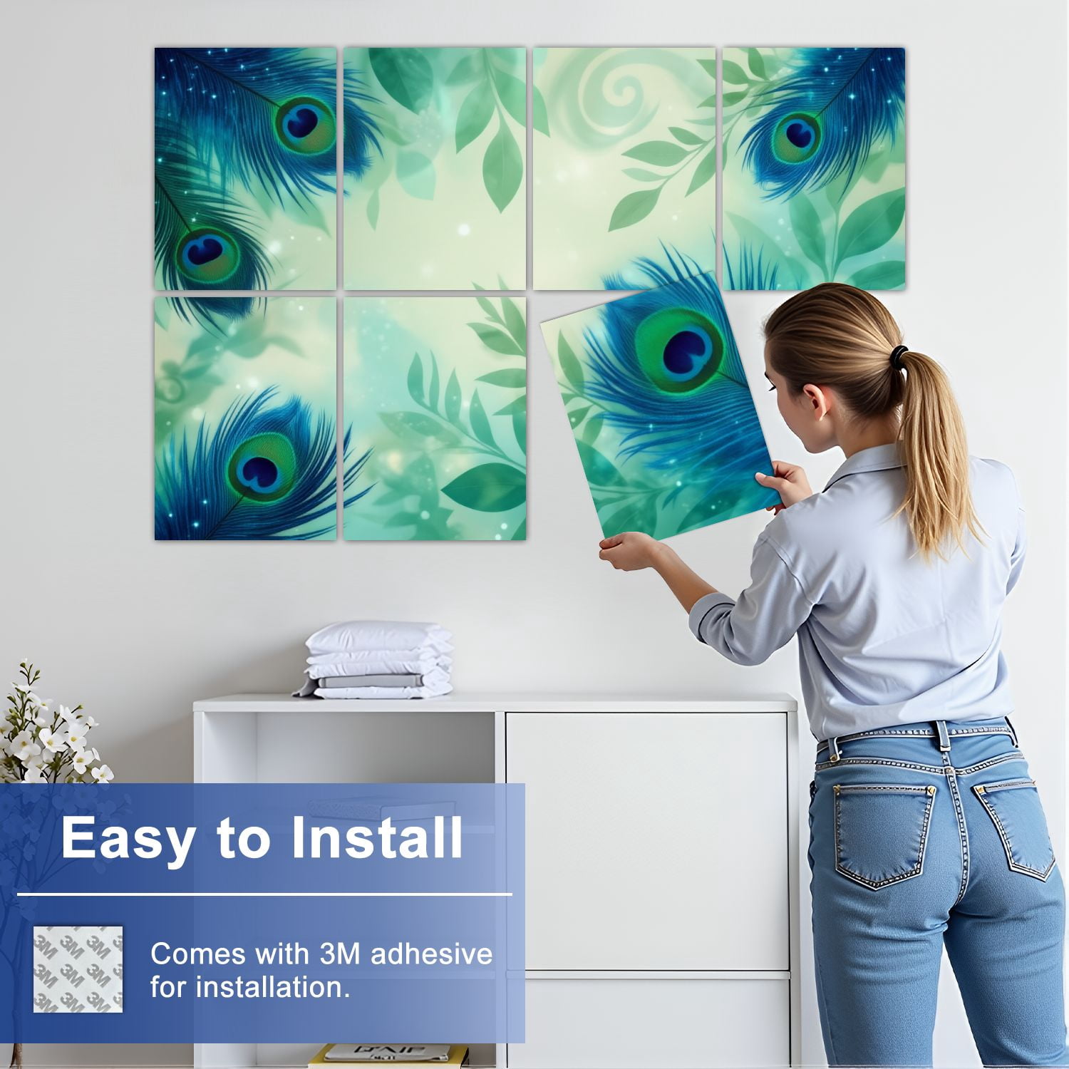 Vintage 8 Pack Art Acoustic Panels Sound Absorbing Elegant Peacock Feather Teal Blue Tones Decorative Soundproof Wall Panels Self Adhesive for Nursery Game Room Bedroom 48"x32"