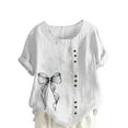 thumbnail image 2 of Mifsaly Plus Size Short Sleeve Womens Summer Tops Bow Print Linen Shirt Button Down Dressy Casual Blouse Vacation Loose Tshirts Fashion Loungewear M, 2 of 5