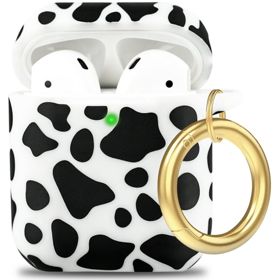 YOMPLOW Apple AirPods 2nd & 1st Skin Cow Print Earbud Case with Keychain, Black Cow