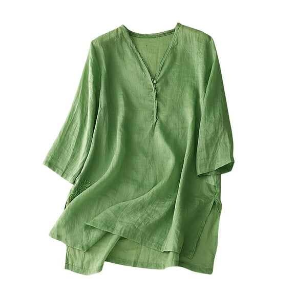 Fengqque Women's Solid Cotton And Linen 3/4 Sleeve Tops Button V-Neck Shirt Tops