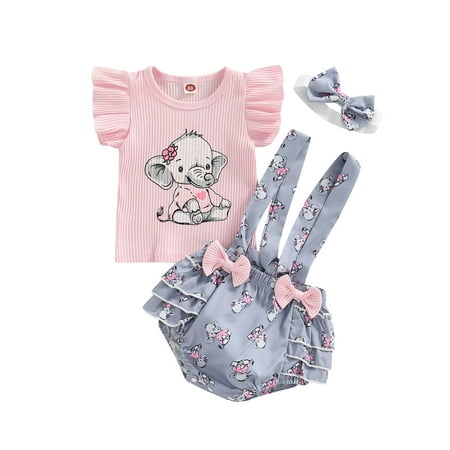 

jaweiw Baby Girls Three Pieces Clothes Outfit Set Round Neck Fly Sleeve Tops + Milk Cow Printed Suspender Shorts + Headband 3-24M