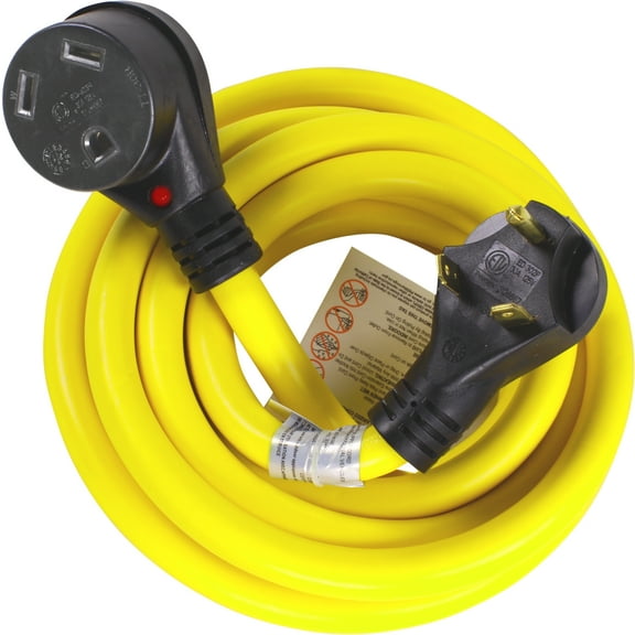 Journeyman-Pro 30A RV Power Extension Cord TT30 (Safety Yellow), Black Grip Handle w/Power Indicator - 15, 25, 50 Feet Length 125V - 30 AMP Charging, TT-30P/TT-30R, ETL Listed (15 Feet)