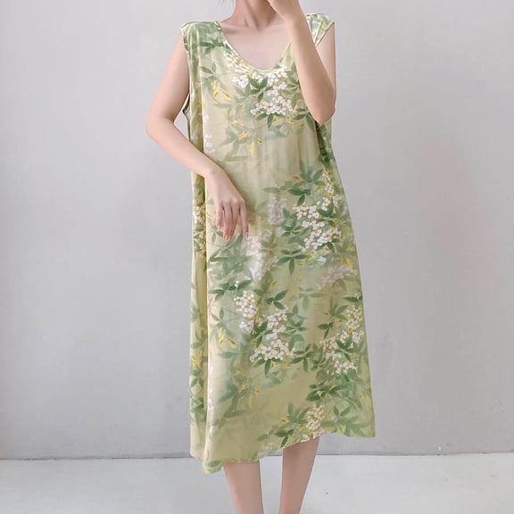 Nightgown Women's Long Cotton Sleep Dress Vintage Floral Sleeveless Nightshirt with Pockets Mint Green Free Size