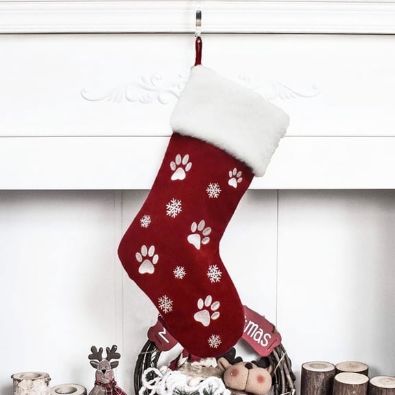 18-inch Christmas Stockings Embroidered Dog Paw Snowflakes Xmas Plush Stockings Pet Christmas Stocking Christmas Hanging Ornaments Decorations for Holiday Festive (Red)