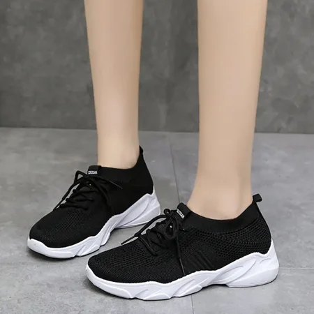 

Women‘s Fashion Leisure Knit Sneakers Breathable Solid Color Low Top Lace Up Casual Shoes Women‘s Sport Shoes