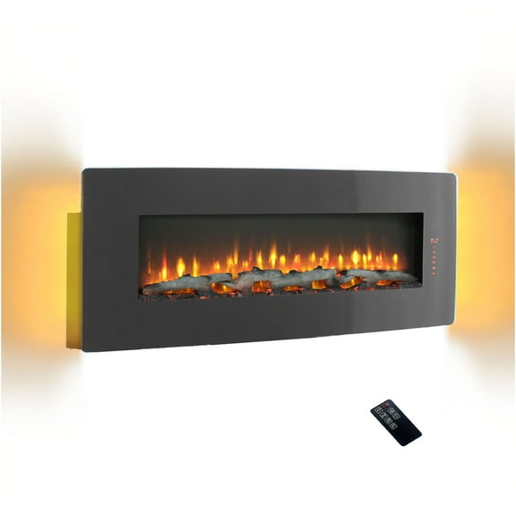 JERFIT 48 inch Curved Electric Fireplace Wall Mounted, Antique Black with Remote Control, Multi-Color Flame & Ember Bed Effects, 1400W Heater for Living Room & Bedroom