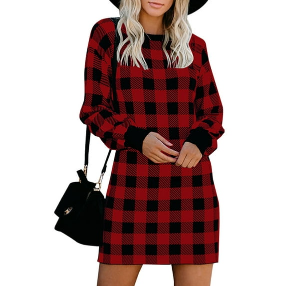 QELUSQELUS Women Long Sleeve Round Neck Color Stitching Plaid Party Dress