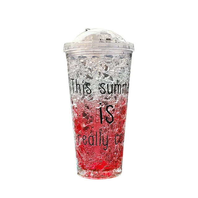 Btomtd Outdoor Double Layer Plastic Mug Sliding Lid Refrigeration Crushed Ice Mug Summer Double Layer Gel Gift Straw Mug Exquisite Gradient Refrigeration Cups, Red