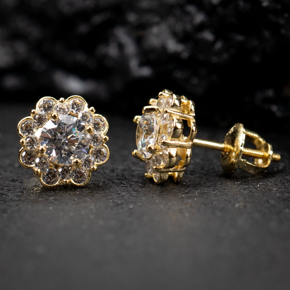 Flower Cluster Halo Round Brilliant 925 Sterling Silver 14K Yellow Gold Plated Unisex Iced Cz Hip Hop Hypoallergenic Men's Women's Circle Screw Back Cubic Zirconia Stud Earrings