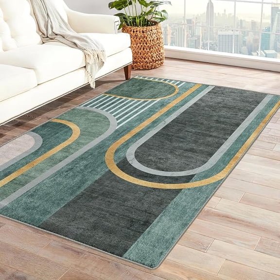 Medieval Green Geometry Area Rug, Non Slip Bedroom Rug, Noise Reduction Machine Washable Carpet for Indoor Living Room Office Decor Mat 3 x 4ft