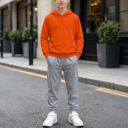 tarylea 2 Piece Outfits for Kids Long Sleeve Hoodies Drawstring Cinch Bottom Elastic Waist Pants Casual Loose Fall Basic Sets(9-10 Years Orange1)