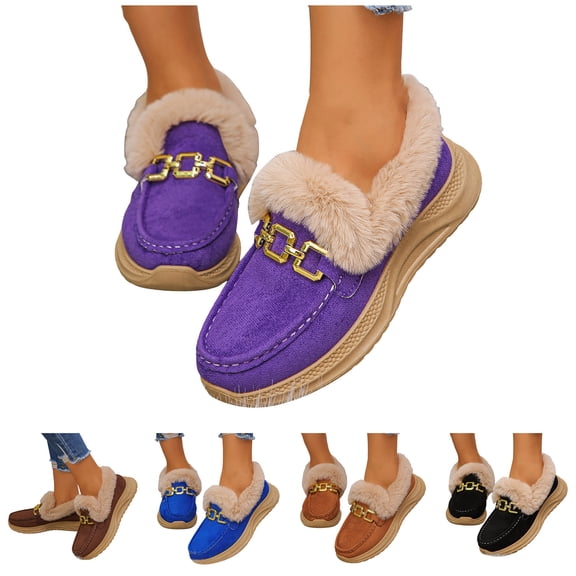Pandaie Women's Slip on Loafers Fleece Lined Fuzzy Warm Winter Snow Boots Arch Support Indoor Outdoor Casual Walking Shoes Black 6