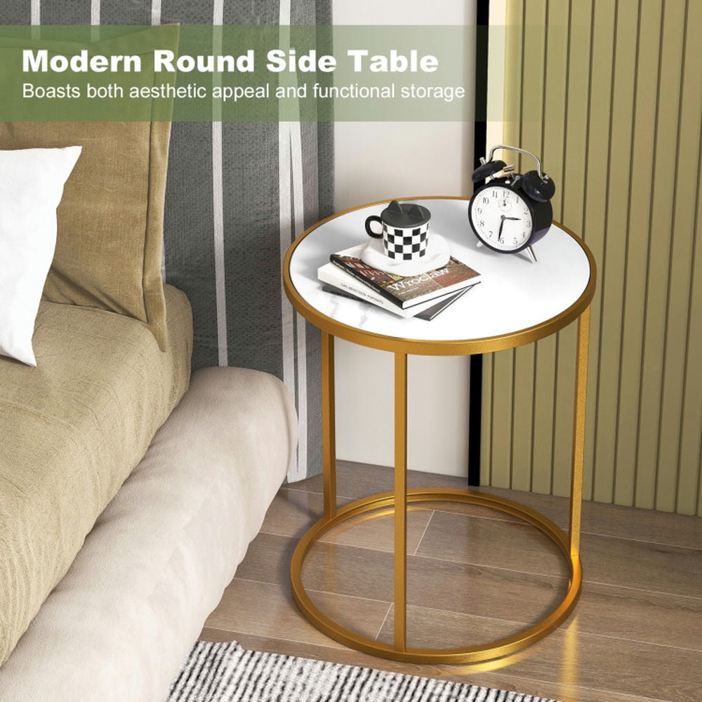 Finihen End Table, Round Marble End Table, 16 Inch Marble Top Round Side Table with Golden Metal Frame-1 Piece, Sofa Side Table, Bed Side Table, for Living Room, Bedroom, White Finihen End Table, Round Marble End Table, 16 Inch Marble Top Round Side Table with Golden Metal Frame-1 Piece, Sofa Side Table, Bed Side Table, for Living Room, Bedroom, White