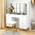 thumbnail image 3 of Dextrus Vanity Table Set with 3 Color Lighted Mirror & 9 Drawers , Modern Makeup Desk with Charging Station & Stool, Makeup Vanity Dressing Table for Bedroom for Women Girls, White & Gold, 3 of 12