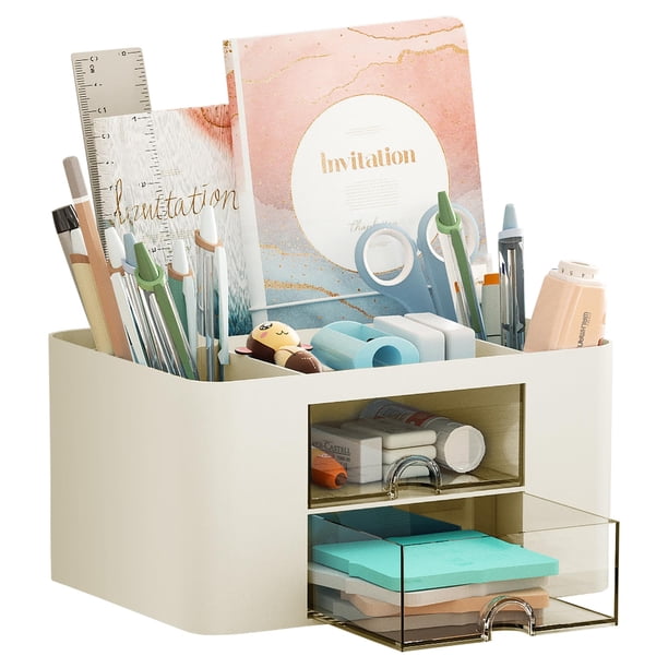 Organizador de bolígrafos de escritorio Marbrasse con 2 cajones para oficina, color beige