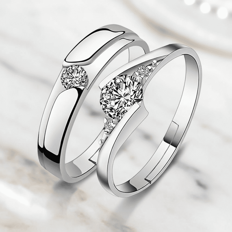 Couple Rings Set Stainless Steel Adjustable Silver Tone Band Rings with Cubic Zirconia Matching Promise Rings Elegant Minimalist Fashion Jewelry Pack of 2