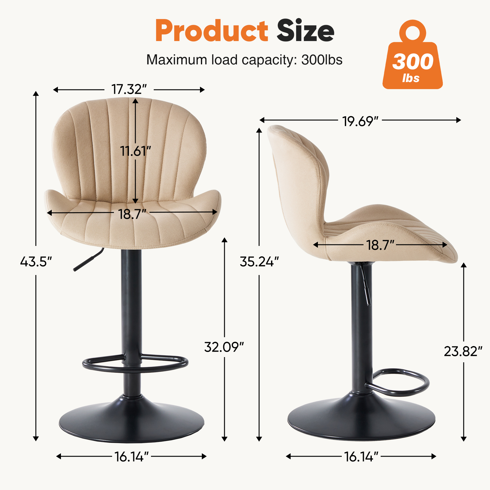 EDX Bar Stools Set of 2, Modern Adjustable Armless Swivel Counter Stools with PU Leather, Gray