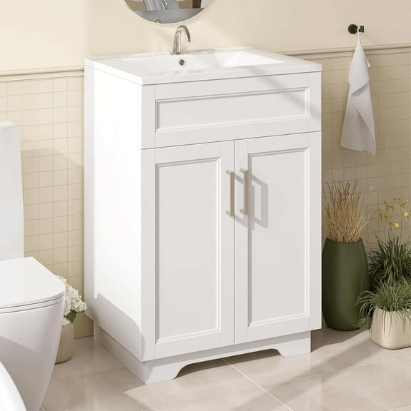 Bathroom Vanity with Ceramic Sink, Quickly Assemble 24" Free Standing Bathroom Sink Cabinet with Wooden Frame, White