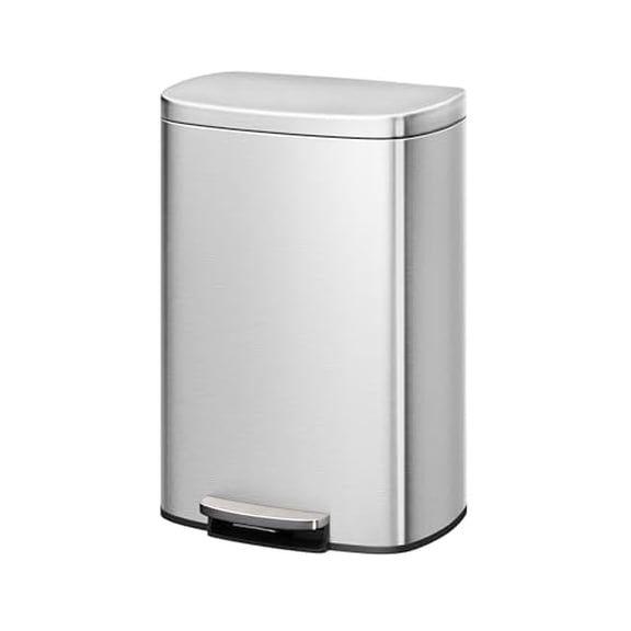 13 Gallon Stainless Steel Kitchen Trash Can with Lid, Large Rustproof Step-on Metal Garbage Bin with Inner Bucket, Rear Handle, and Soft Close Lid, Durable and Stylish Waste Container,Silver