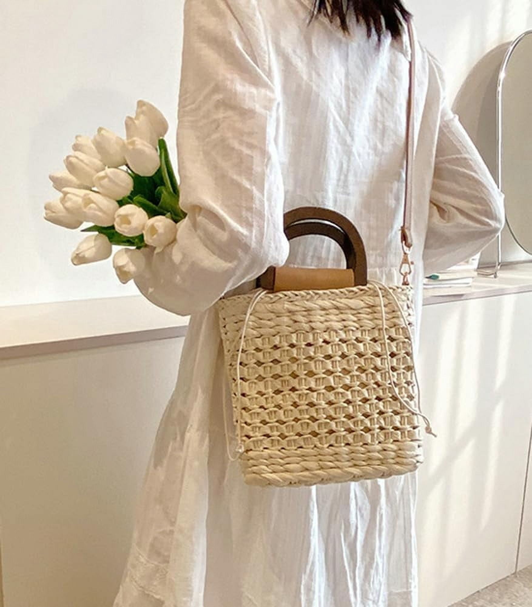 HLSOHJP Women Straw Handbag Beach Bag Woven Rattan Crossbody Bags Handmade Leather Straps Satchel Clutch Purse Summer Vacation