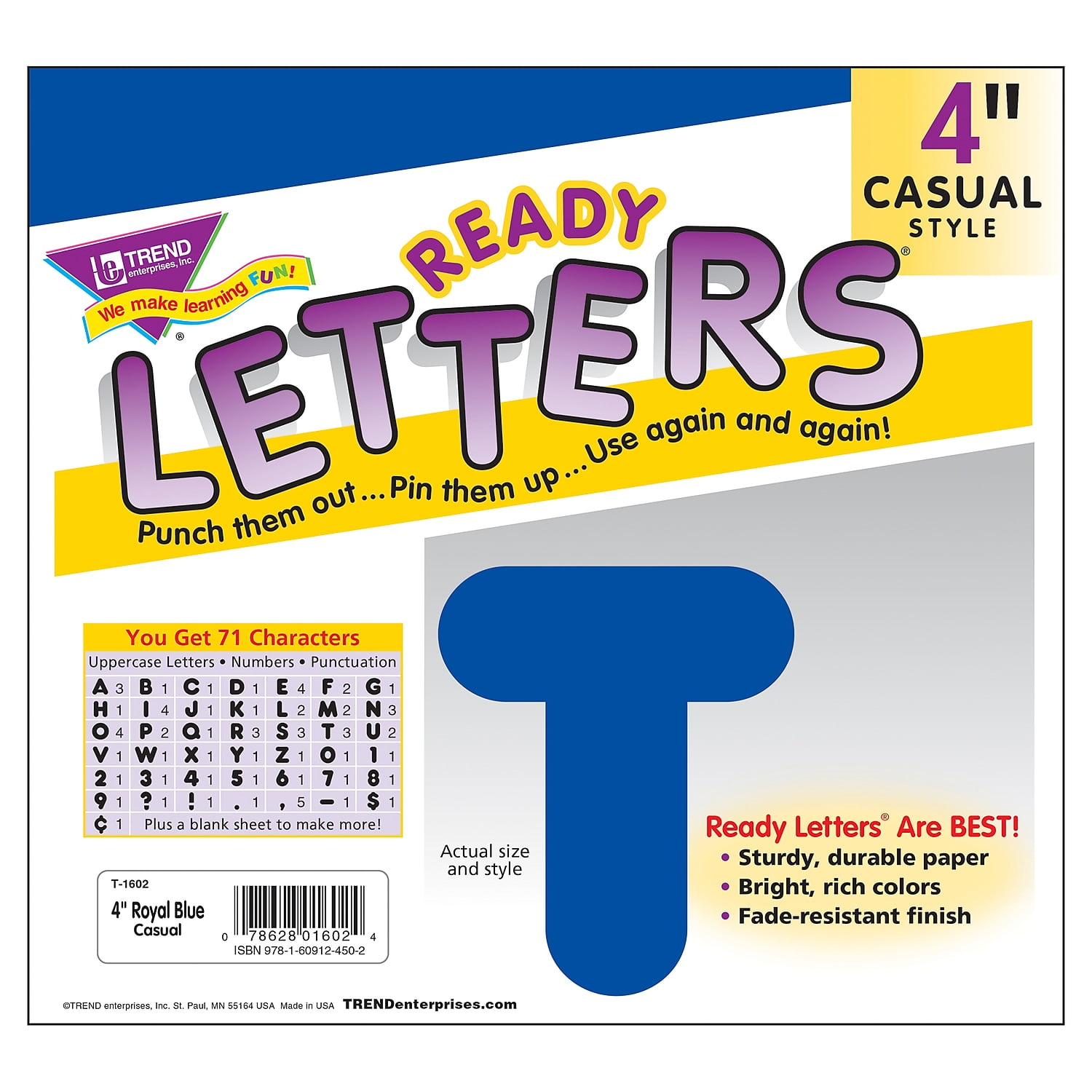 TREND Royal Blue 4-Inch Casual Uppercase Ready Letters, 432 Pieces