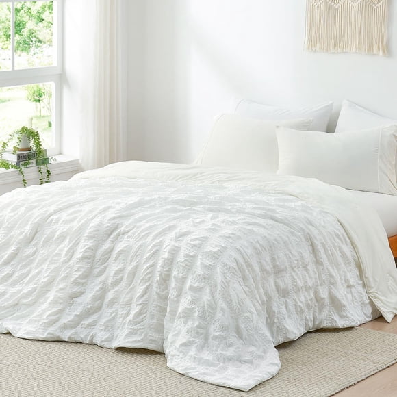 Edredón Cozy Bliss Cooling Queen Size Seersucker a cuadros, color blanco