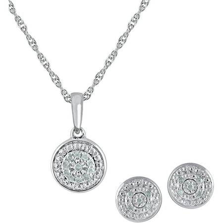 1/10 Carat T.W Diamond Sterling Silver Round Cluster Pendant and Earring Box Set, 3 Piece