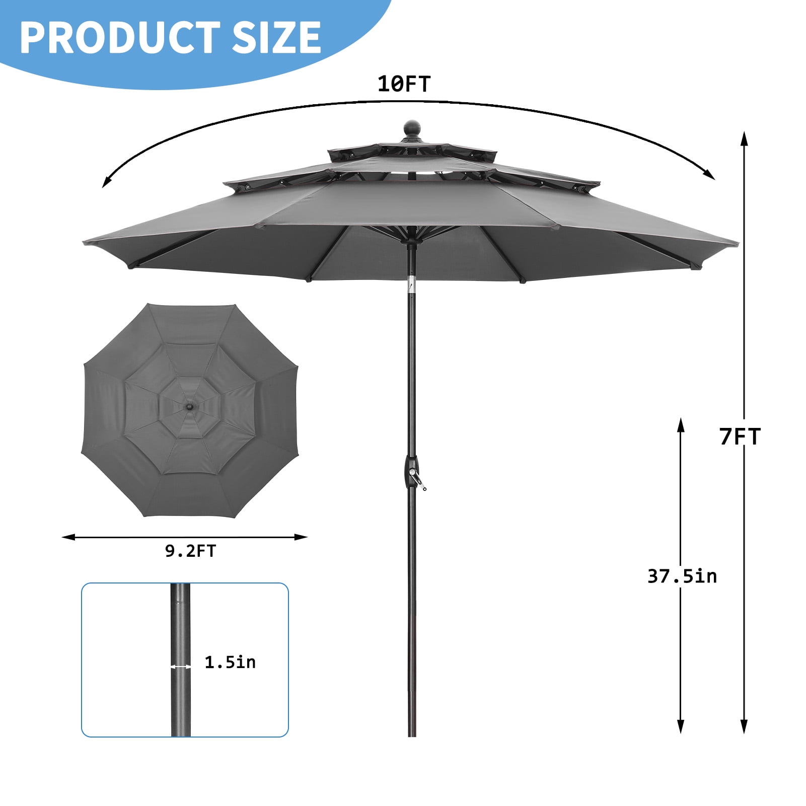 Ainfox 10ft Patio Umbrella 3 Tiers,Outdoor Table Market Umbrella w/Tilt Adjustment and Crank for Garden,Deck,Beach,Backyard,Pool,Grey