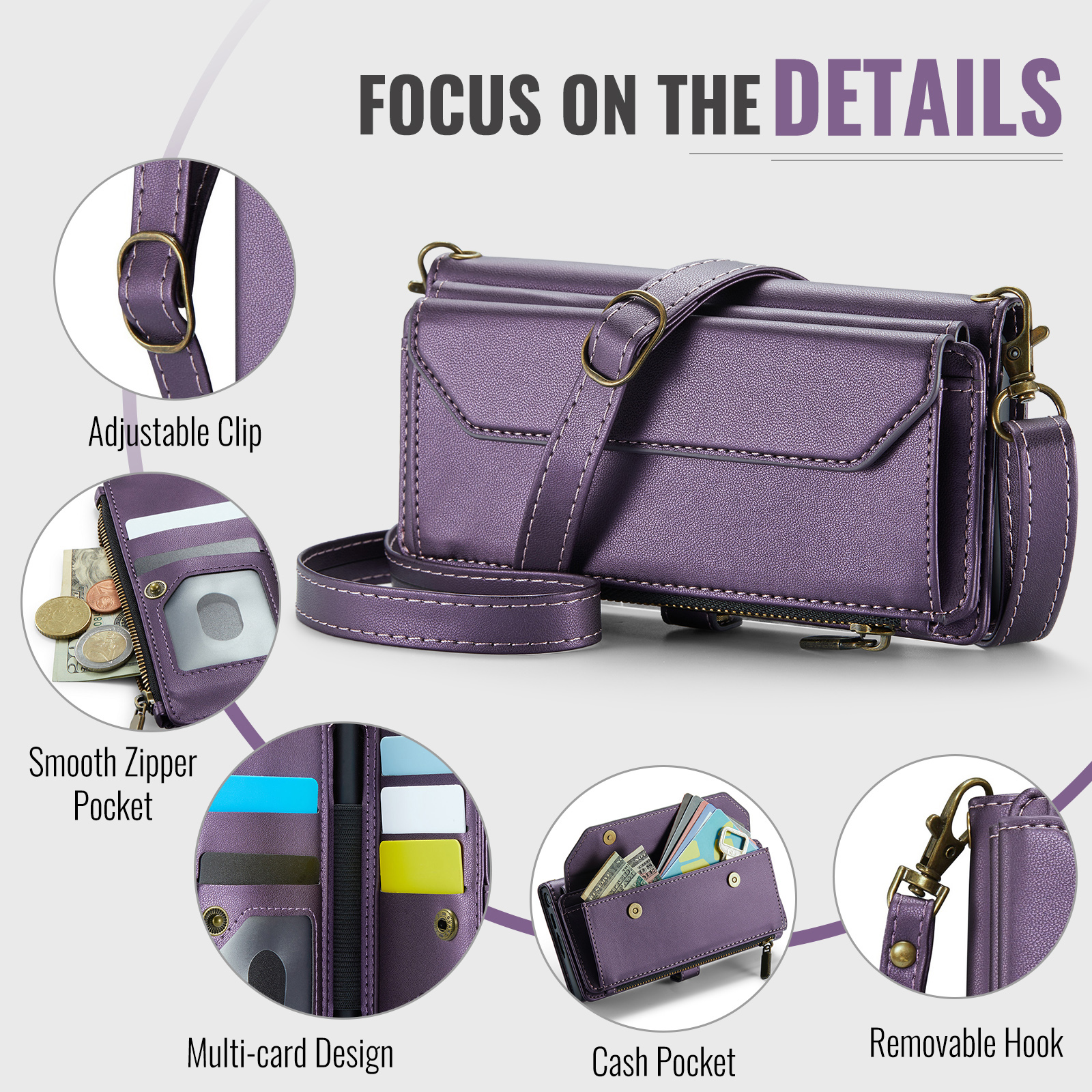 Asuwish Compatible with Samsung Galaxy Z Fold 5 5G 2023 Zipper Wallet Phone Case With pen slot Crossbody Lanyard Strap Flip Card Holder Slot Cell Cover for ZFold5 Z5 G Fold5 5Z Women Girls Purple