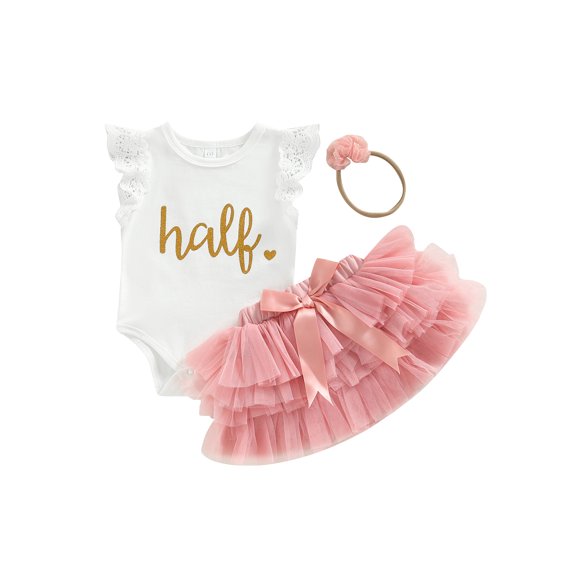 Douhoow Baby Girl Half Birthday Outfits, Fly Sleeve Lace Romper Tutu Skirt Set