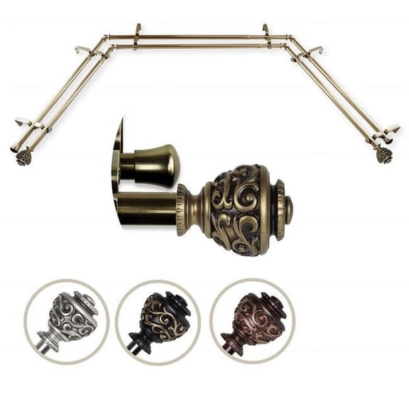 Central Design ABAY-67-4D 0.8125 in. Opal Bay Window Double Curtain Rod with Side Rod Extends Upto 20 to 36 in. & Center Rod Extends Upto 38 to 72 in., Antique Brass