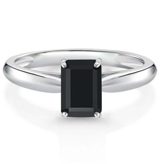 Gem Stone King 0.97 Cttw Black Onyx 10K White Gold Solitaire Engagement Ring for Women | Emerald Cut 7X5MM | Gemstone Birthstone (Size 6)