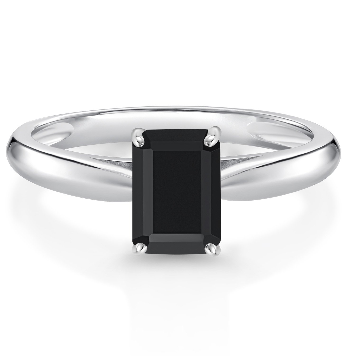 Gem Stone King 0.97 Cttw Black Onyx 10K White Gold Solitaire Engagement Ring for Women | Emerald Cut 7X5MM | Gemstone Birthstone | Wedding Engagement Anniversary Promise Ring for Women | Size 6