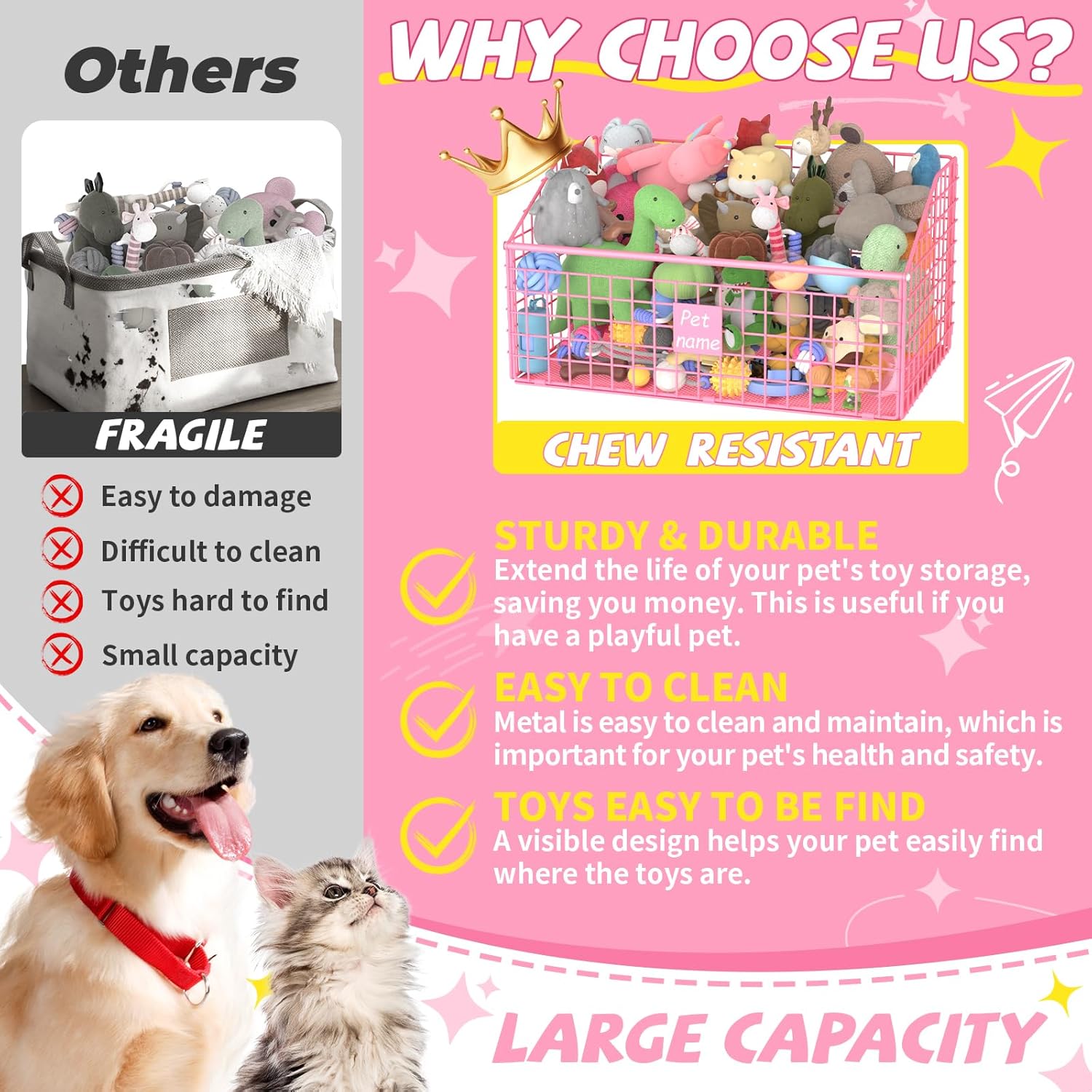 Indestructible Dog Toy Basket Large Metal Storage Bin for Toys Food Pink